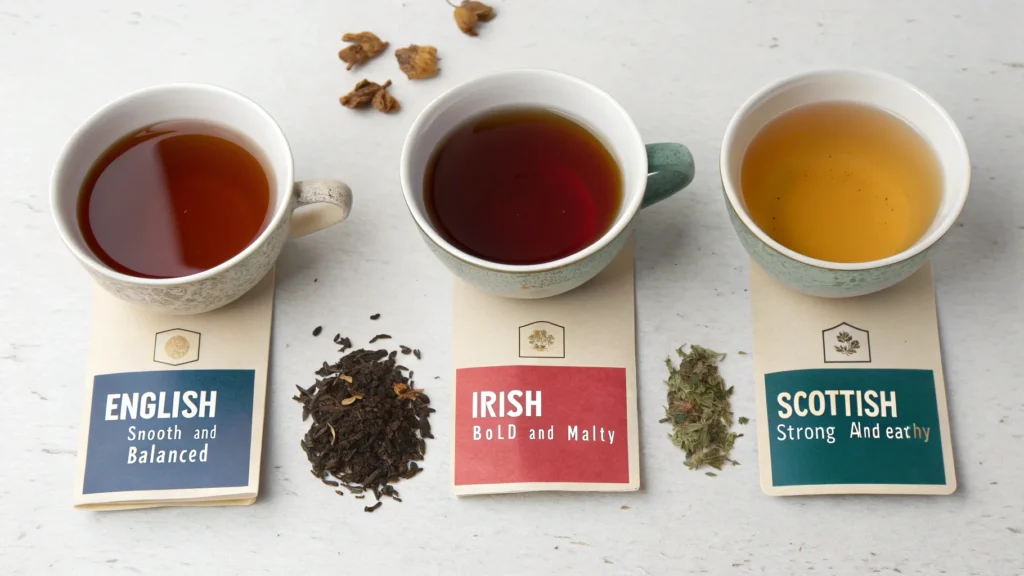 A simple infographic-style visual comparing English, Scottish, and Irish breakfast teas. 