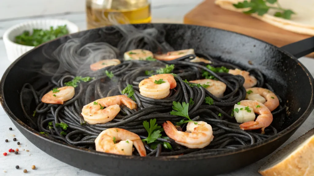 Freshly cooked black spaghetti with shrimp and parsley in a skillet.