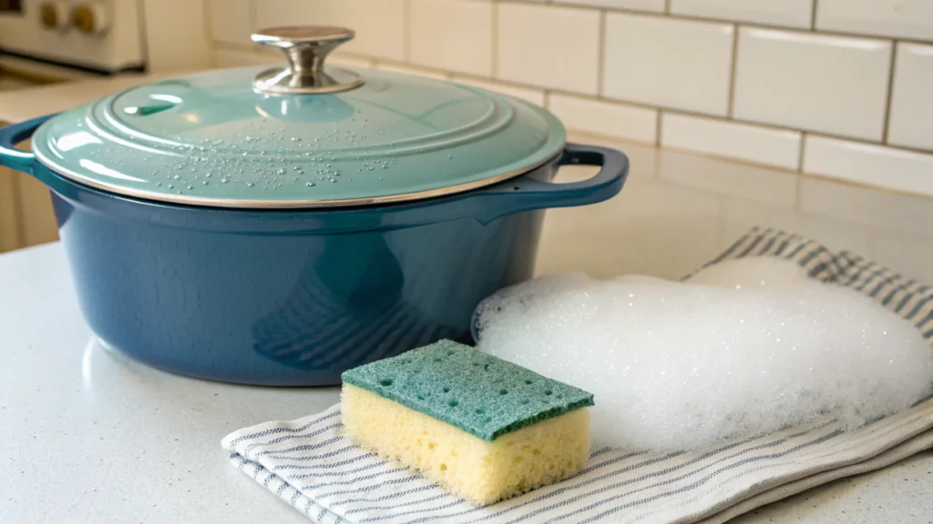 A sparkling clean enameled Dutch oven with a soft sponge and soapy water beside it, ready for use