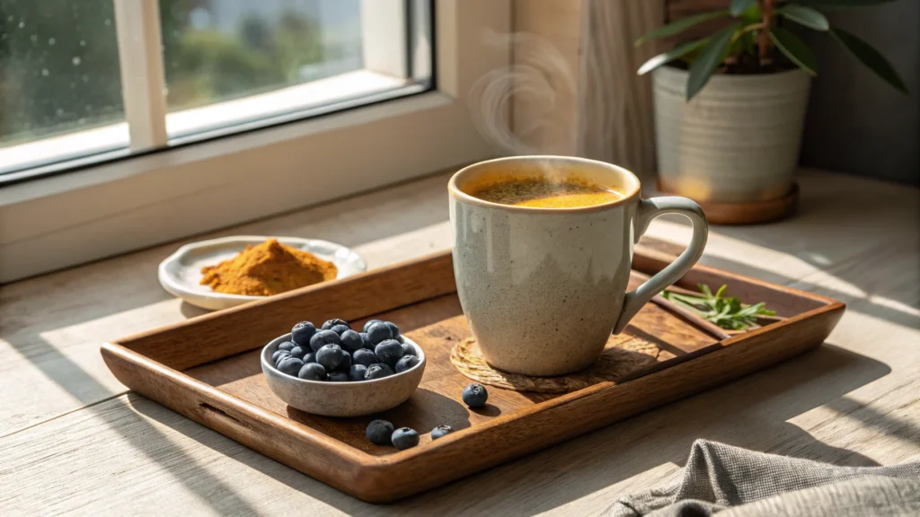 A ceramic mug filled with blueberry and turmeric tea on a wooden tray.