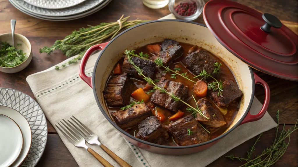 Dutch oven filled with braised short ribs in rich sauce.