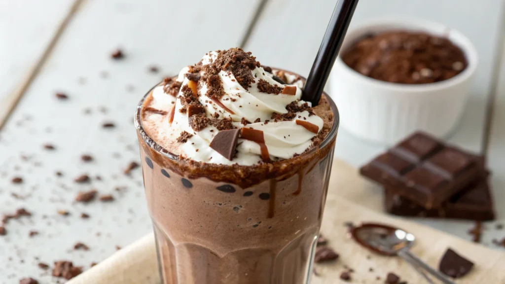 Thick chocolate milkshake with whipped cream and cherry.