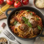 Top-down view of spaghetti and meatballs in a Dutch oven garnished with basil and Parmesan.