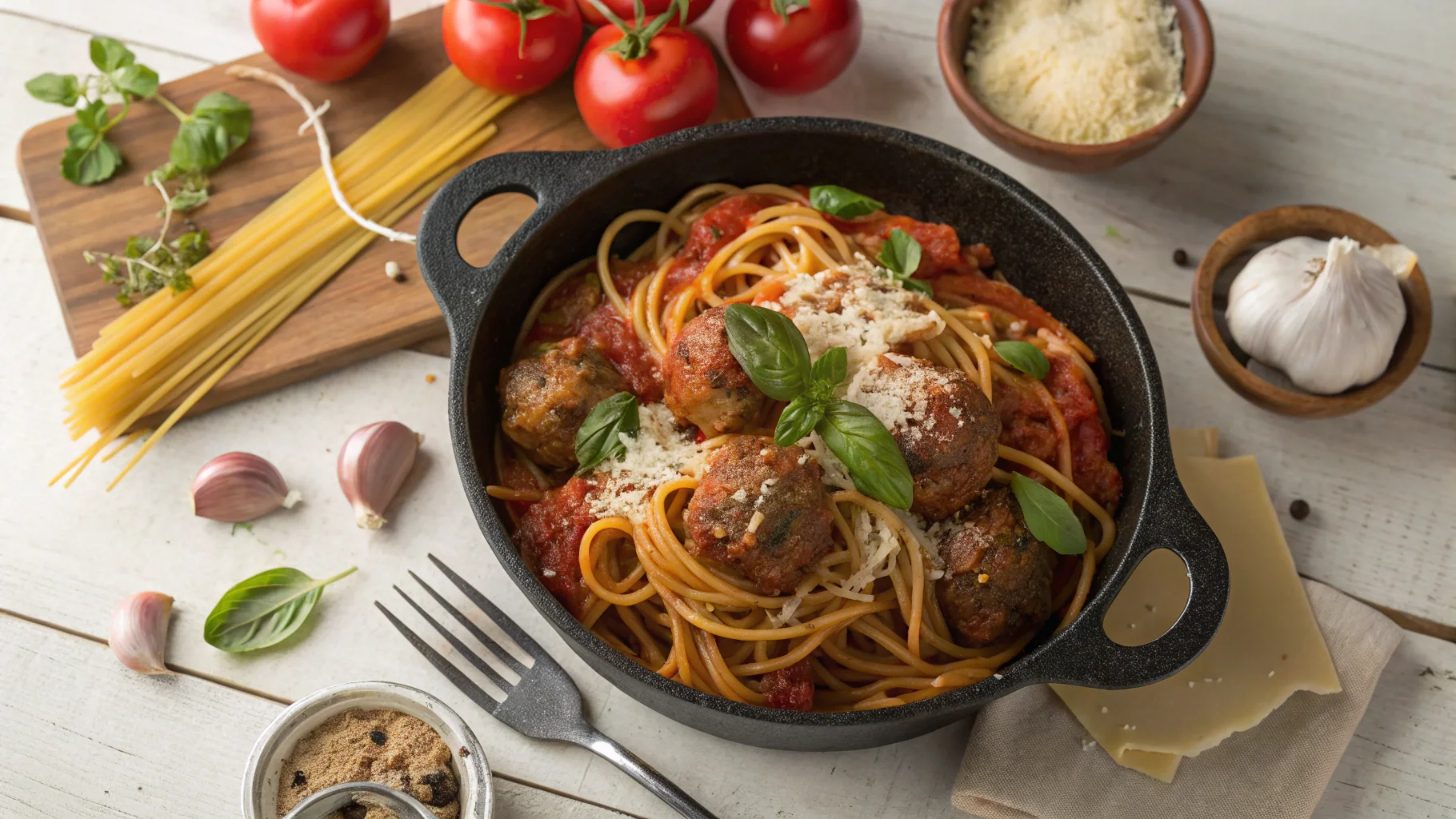 Top-down view of spaghetti and meatballs in a Dutch oven garnished with basil and Parmesan.