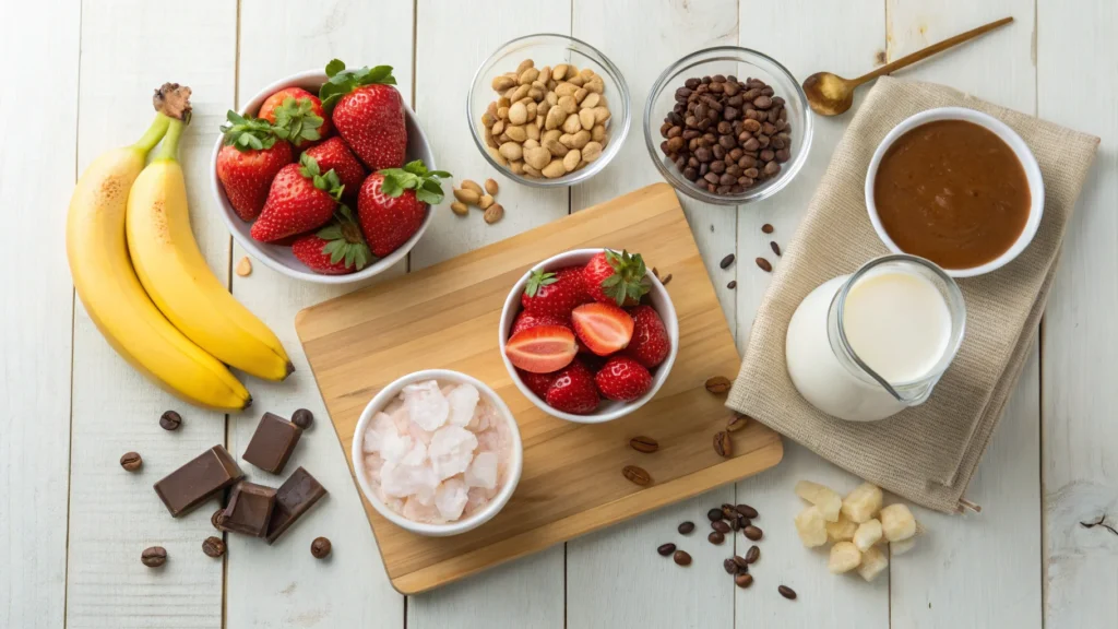 Smoothie and frappe ingredients displayed on a wooden kitchen counter.