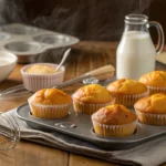 Freshly baked moist muffins with steam and baking tools