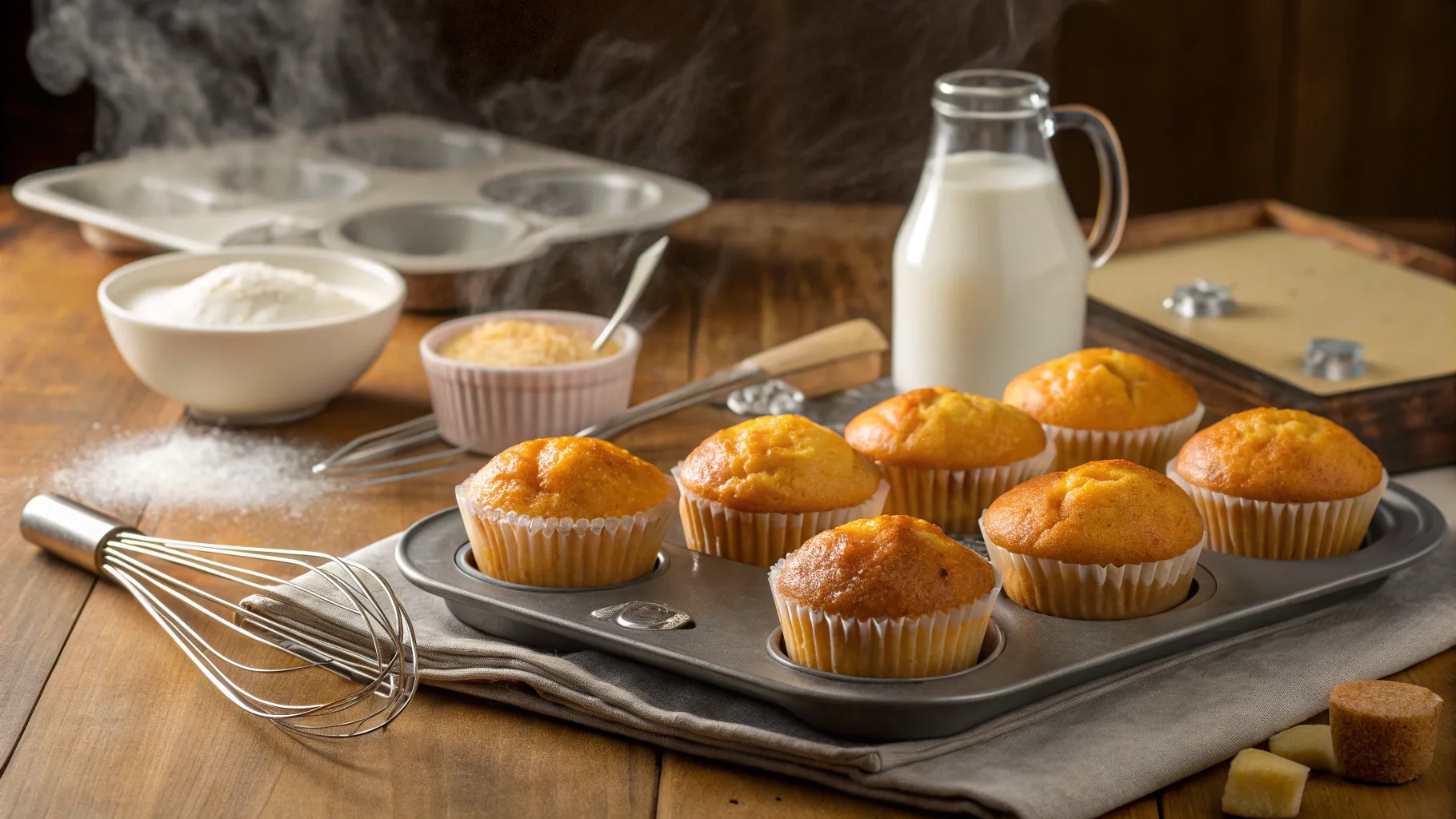 Freshly baked moist muffins with steam and baking tools