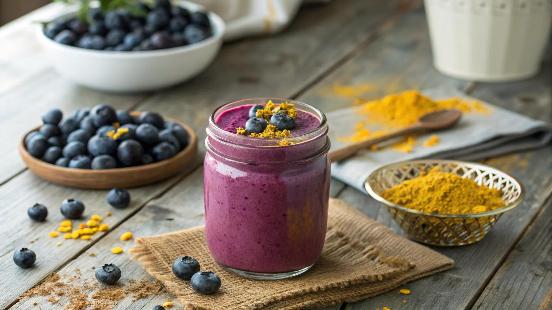 Blueberry and turmeric smoothie in a glass jar with fresh ingredients.