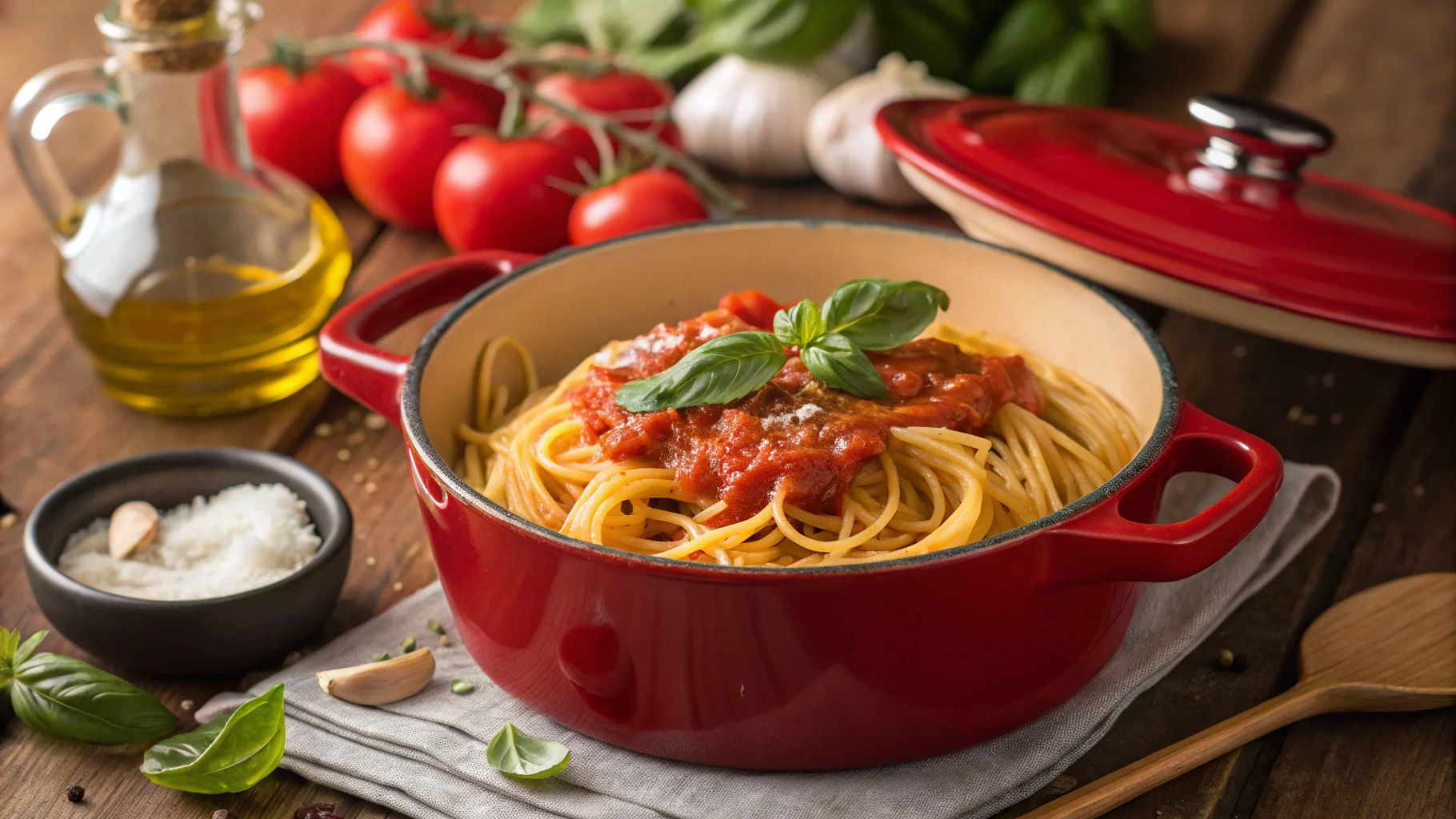 Dutch oven filled with steaming spaghetti and tomato sauce