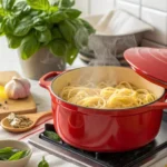 Freshly cooked pasta in a Dutch oven being drained on a stovetop