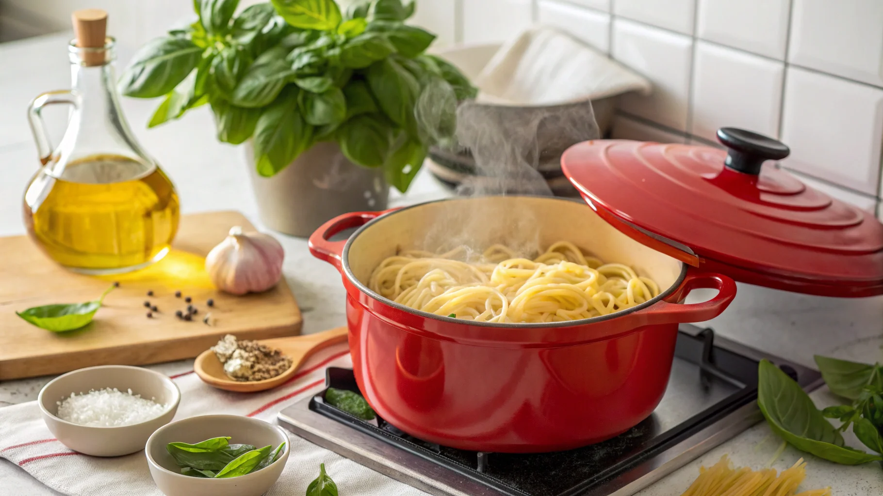 Freshly cooked pasta in a Dutch oven being drained on a stovetop