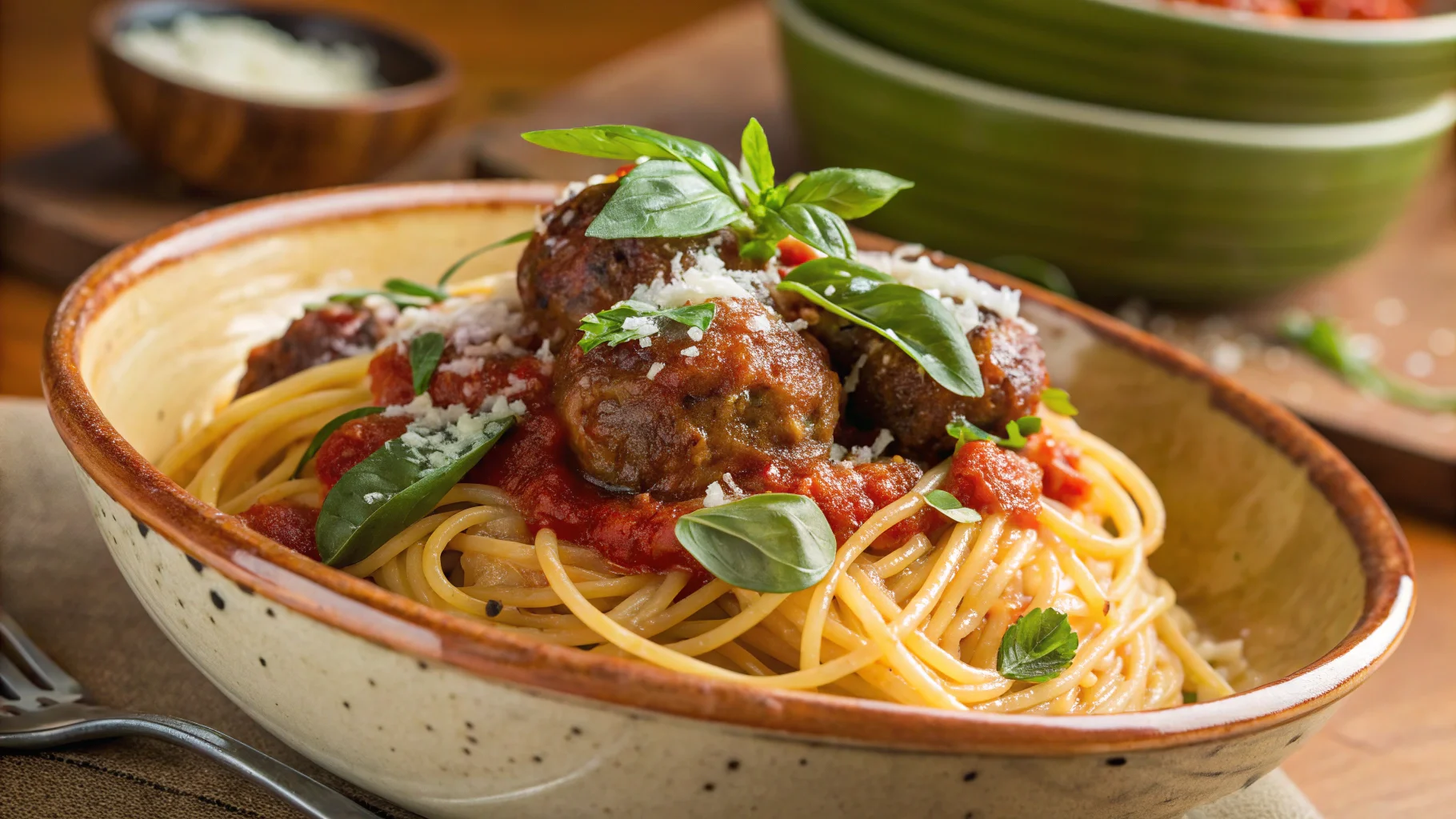 A bowl of spaghetti and meatballs garnished with basil and parmesan