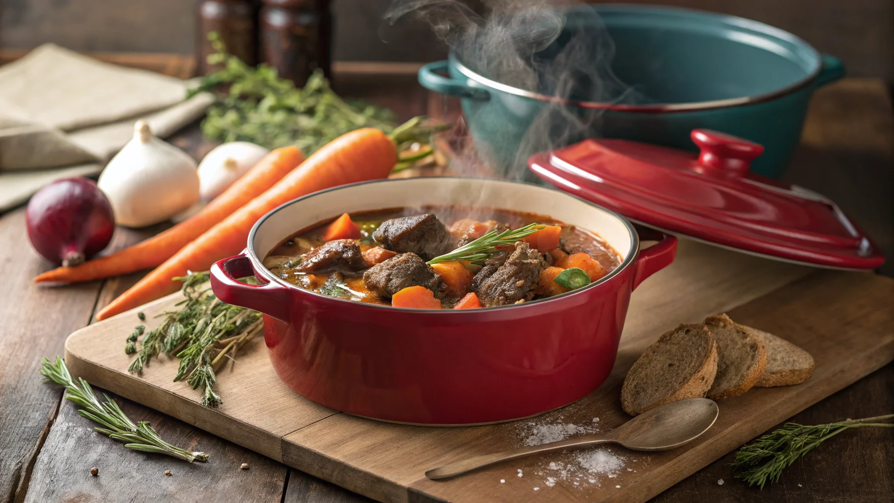 Steaming beef stew in a Dutch oven with fresh ingredients.