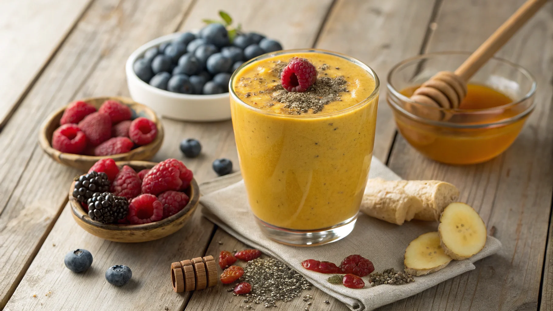 Berries, ginger, and turmeric smoothie in a glass with fresh ingredients.