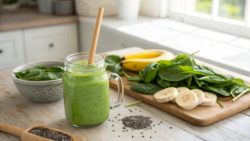 Healthy green smoothie with spinach and banana.