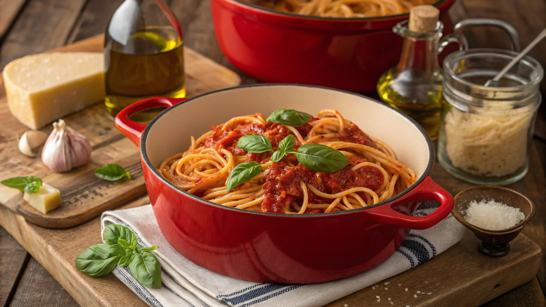 Perfectly cooked spaghetti in a Dutch oven with tomato sauce