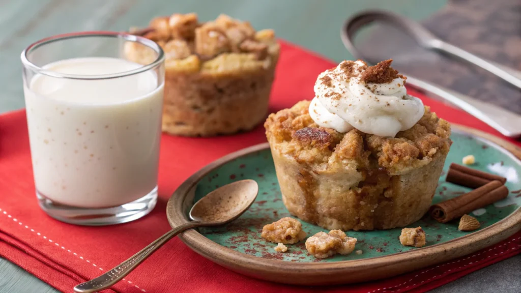 Muffin bread pudding with a glass of milk