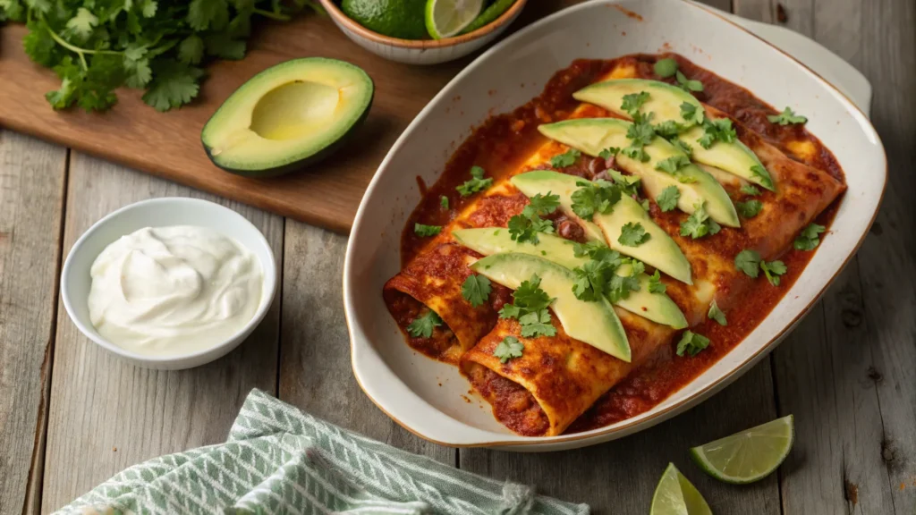 Top-down view of Boulders enchiladas smothered in red sauce, topped with cheese, cilantro, and avocado slices on a rustic wooden table.