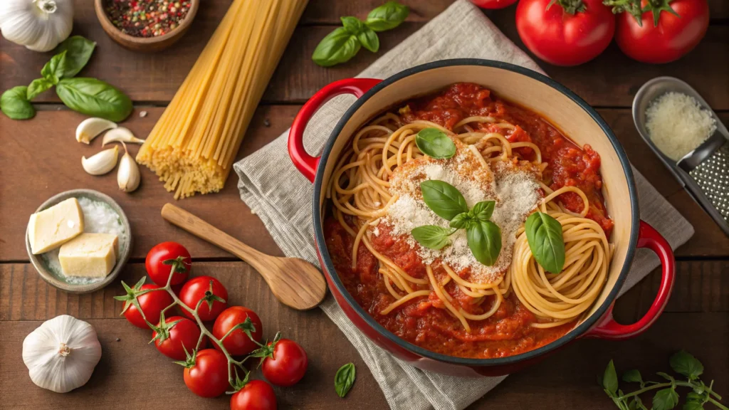 Dutch oven filled with spaghetti in marinara sauce, garnished with basil and Parmesan.