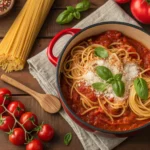 Dutch oven filled with spaghetti in marinara sauce, garnished with basil and Parmesan.