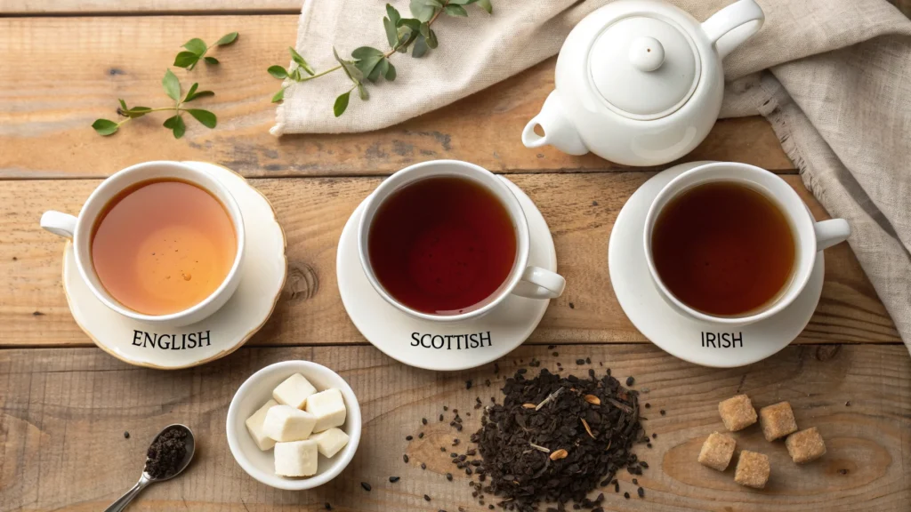 A visually appealing flat lay of three teacups labeled as English, Scottish, and Irish breakfast teas