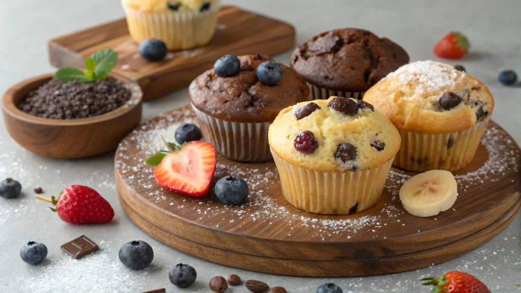 Assorted moist muffins with garnishes