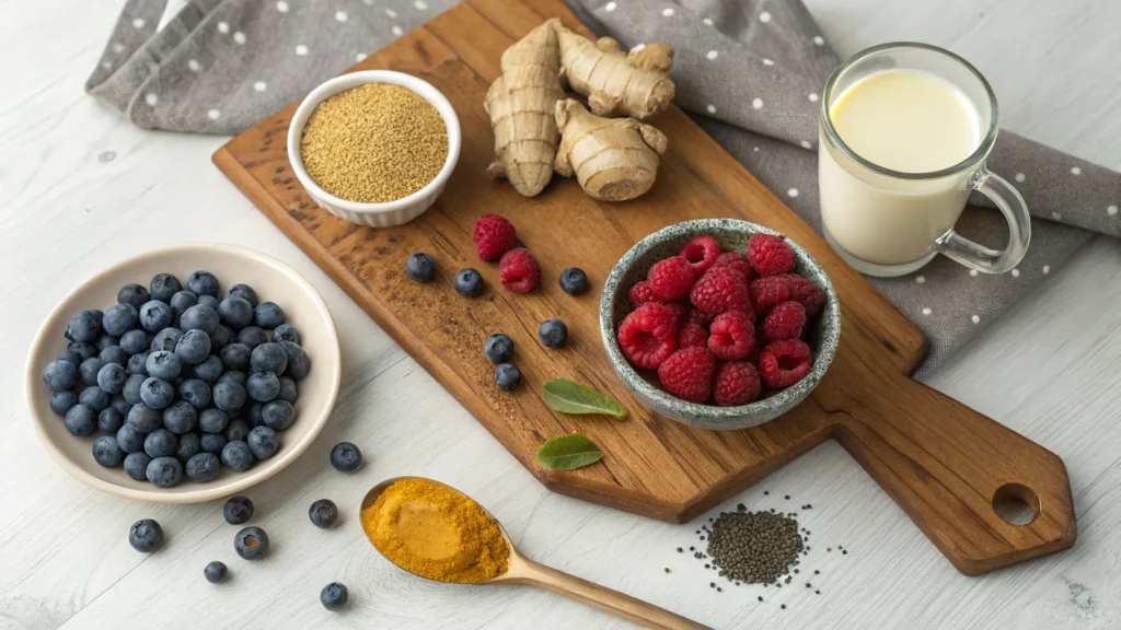 Fresh ingredients for a berries, ginger, and turmeric smoothie on a wooden board