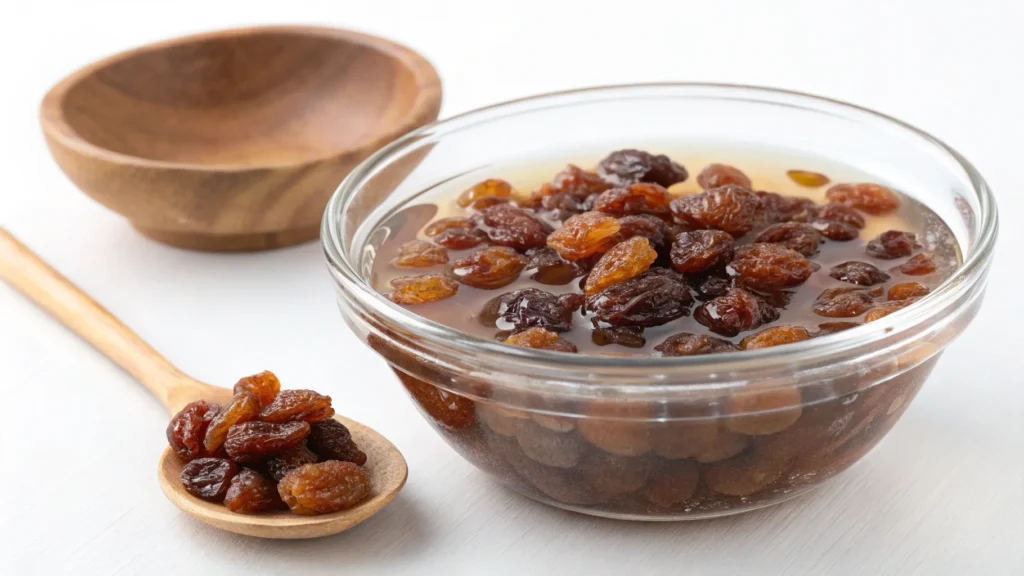 Raisins soaking in a glass bowl with water.