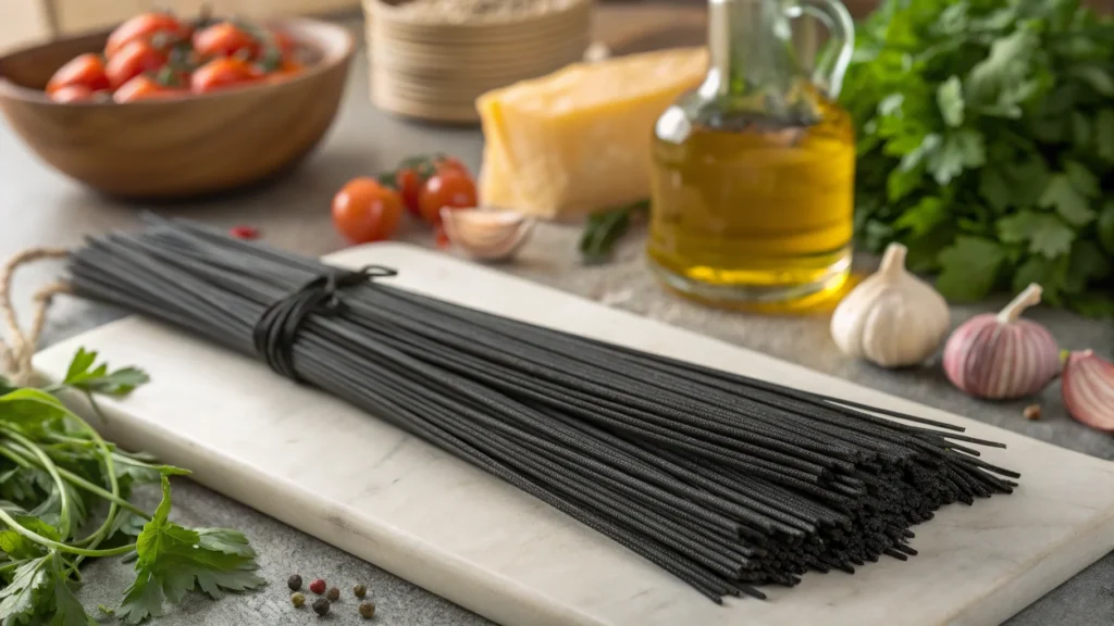 A visually stunning gourmet plate of black spaghetti, beautifully garnished with parsley, cherry tomatoes, and a touch of lemon zest, placed on a rustic wooden table for a high-end dining appeal