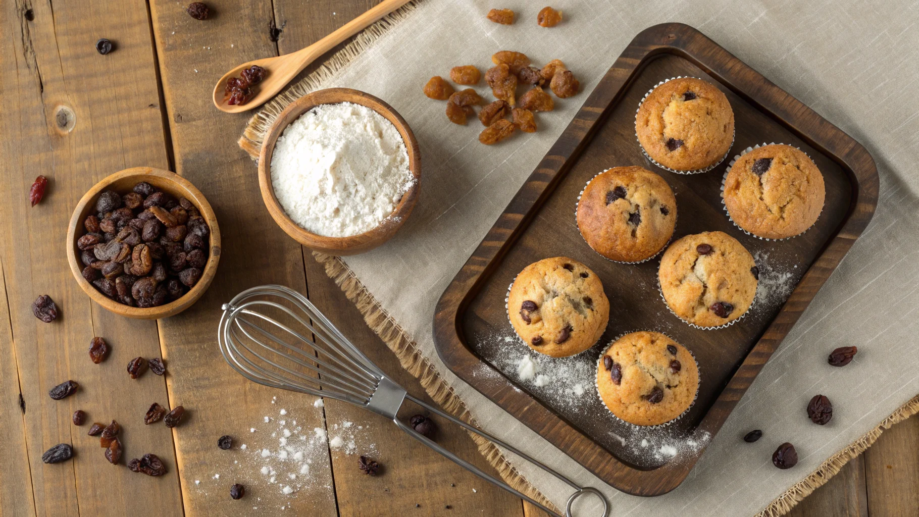 A rustic tray of golden-brown Gaps raisin muffins surrounded by baking ingredients