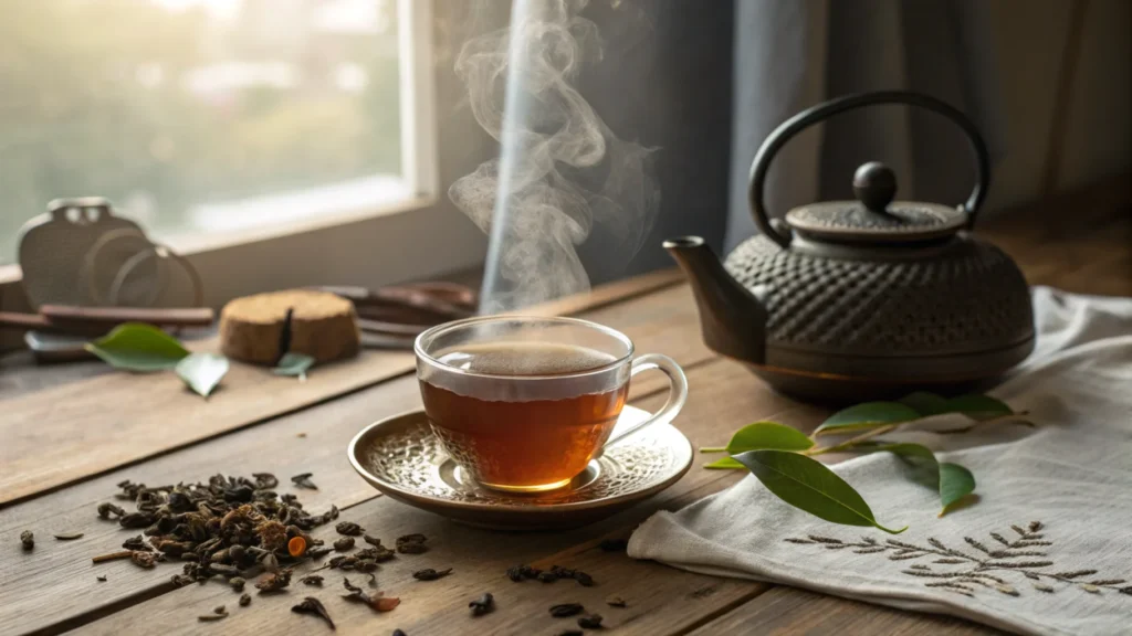 A steaming cup of Irish breakfast tea on a wooden table with tea leaves and a teapot.