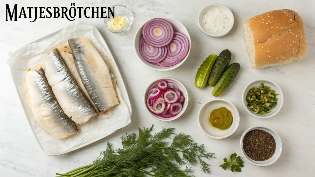 Overhead view of key ingredients for the Matjesbrötchen recipe, including matjes herring fillets, sliced red onions, pickles, fresh dill, parsley, mustard, and a Kaiser roll.