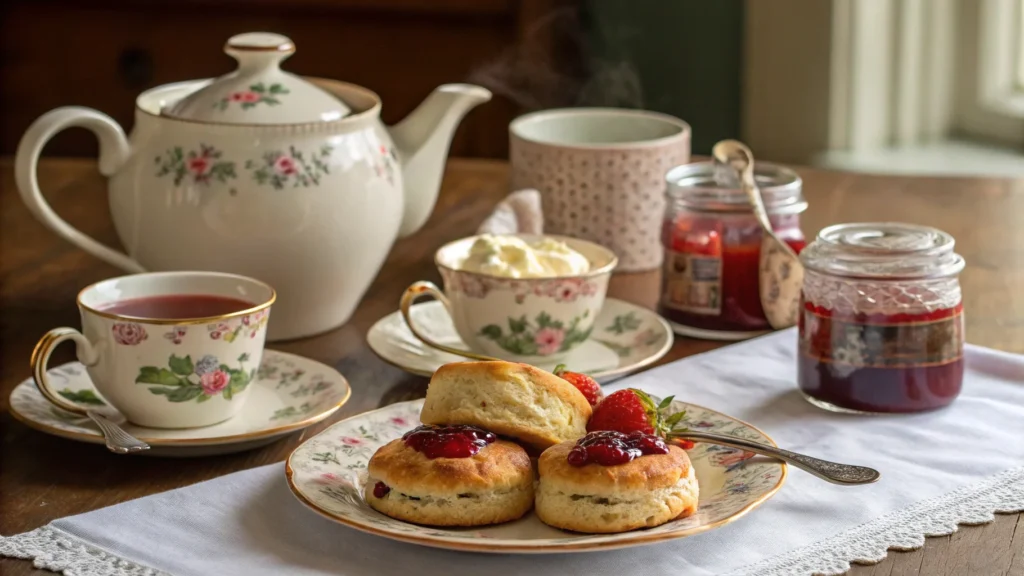 English breakfast tea with scones and jam