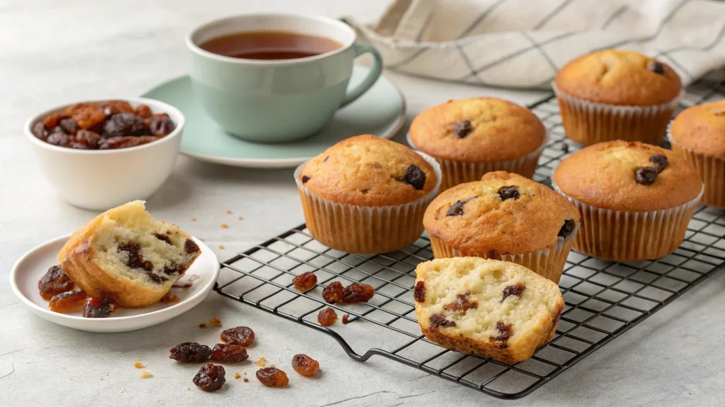 Freshly baked muffins with juicy raisins on a cooling rack.