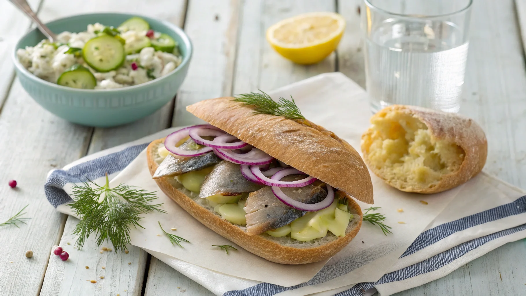 Traditional Matjesbrötchen sandwich on a rustic wooden table with a side of German potato salad and sparkling water garnished with a lemon slice.