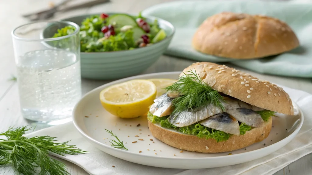 Matjesbrötchen sandwich served on a white plate with fresh dill and a lemon slice, paired with a green salad and sparkling water.