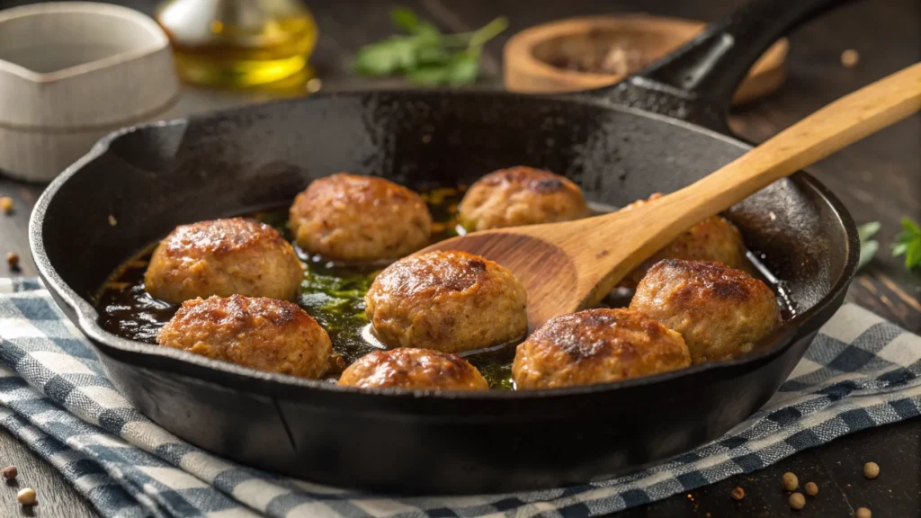 Meatballs browning in a skillet for extra flavor