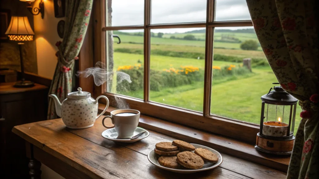 A cozy Irish scene with tea, biscuits, and a teapot by a window showing green fields.