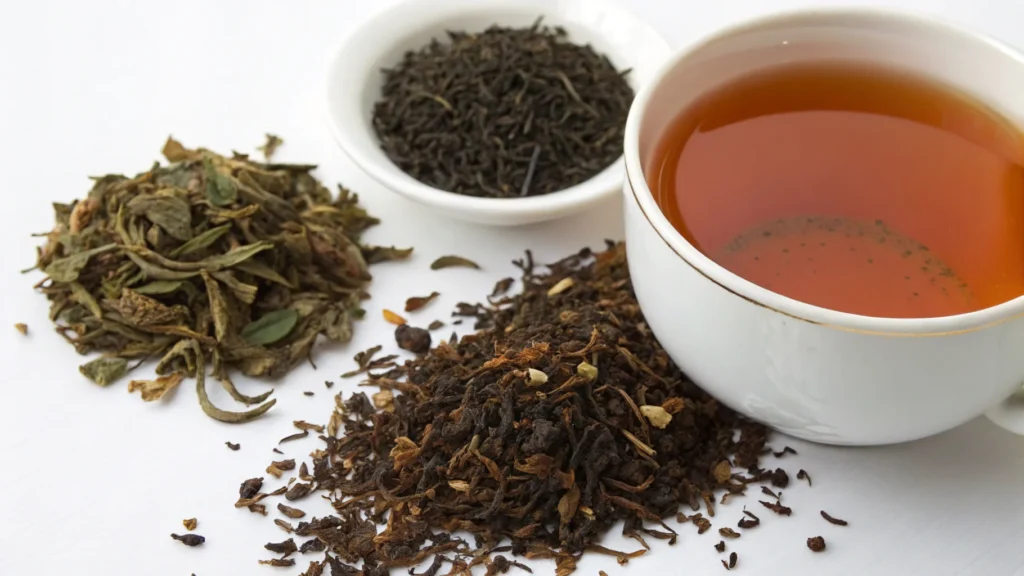 Close-up of Assam, Ceylon, and Kenyan tea leaves beside a cup of brewed Irish breakfast tea.