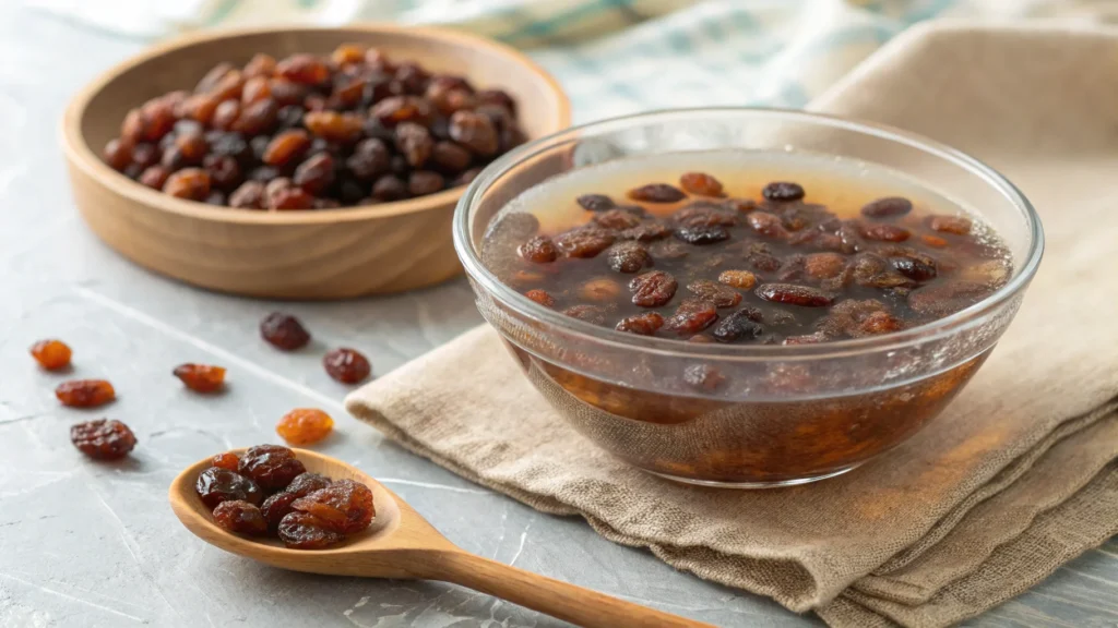 Raisins soaking in a glass bowl of hot water for rehydration.