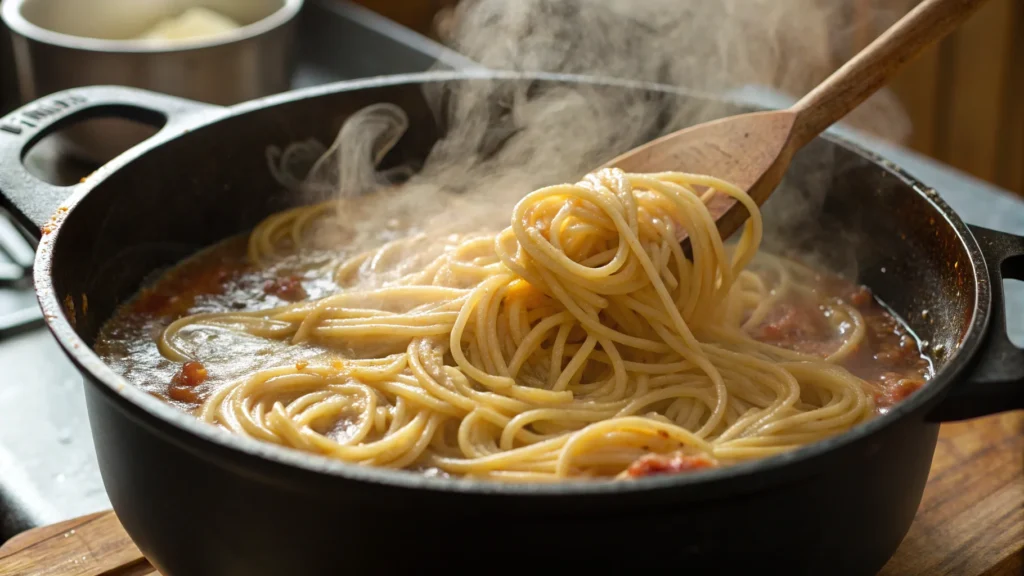 Hand stirring spaghetti in boiling water inside a Dutch oven