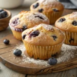 Freshly baked blueberry muffins on a rustic wooden table.