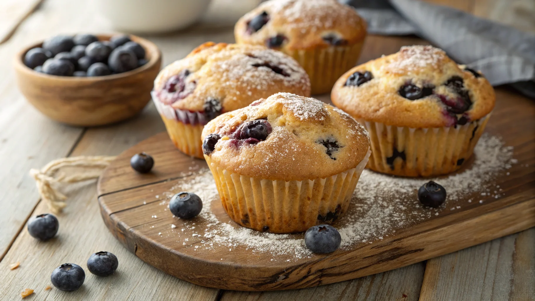 Freshly baked blueberry muffins on a rustic wooden table.