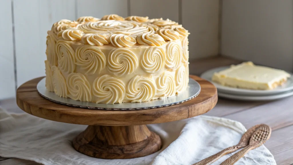 Russian Buttercream frosted cake on a wooden stand