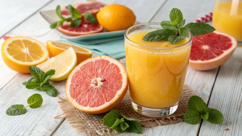 Citrus juice blend with oranges, grapefruits, and lemons.