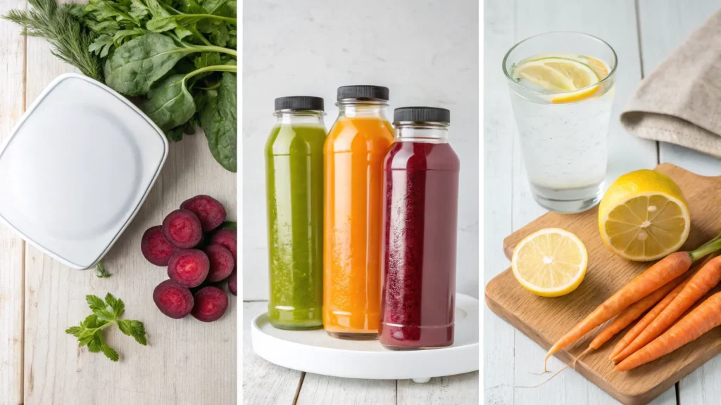 Three-section image: weight scale, fresh juice bottles, and lemon water, representing key aspects of a 3-day juice cleanse