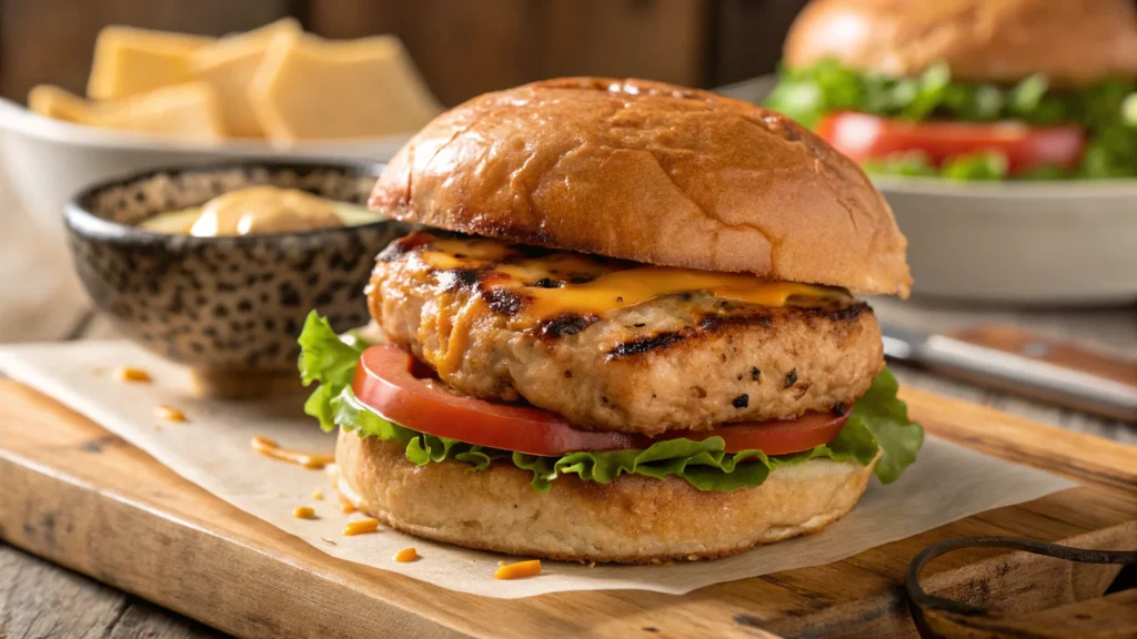 Juicy grilled chicken burger made from ground chicken thighs with fresh toppings