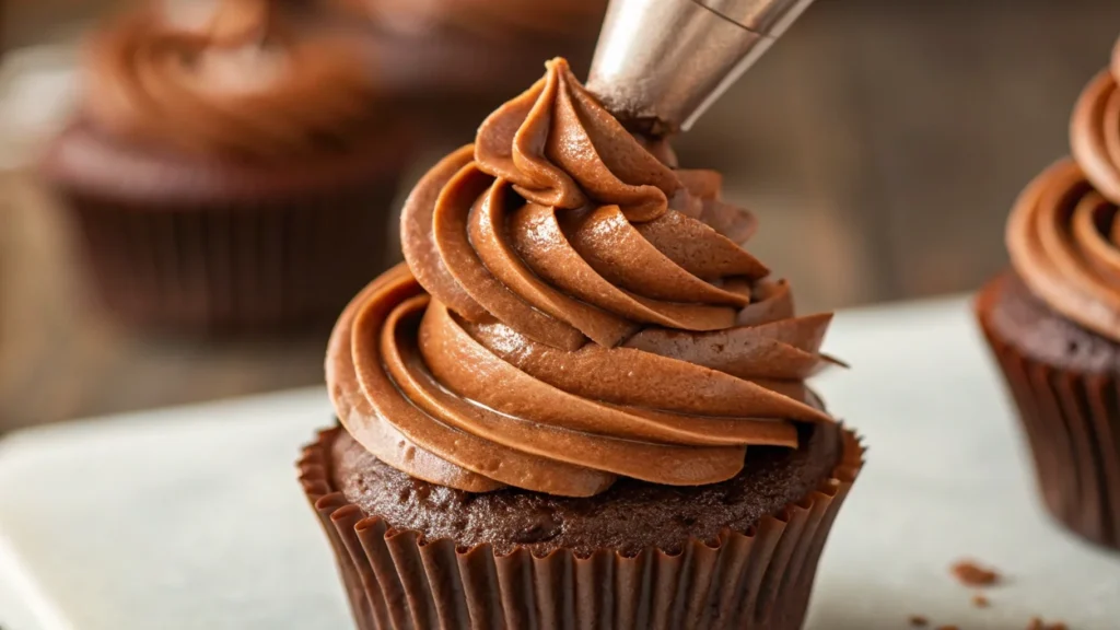 Chocolate Russian Buttercream piped onto a cupcake