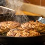 Juicy ground chicken cooking in a cast-iron skillet with steam rising