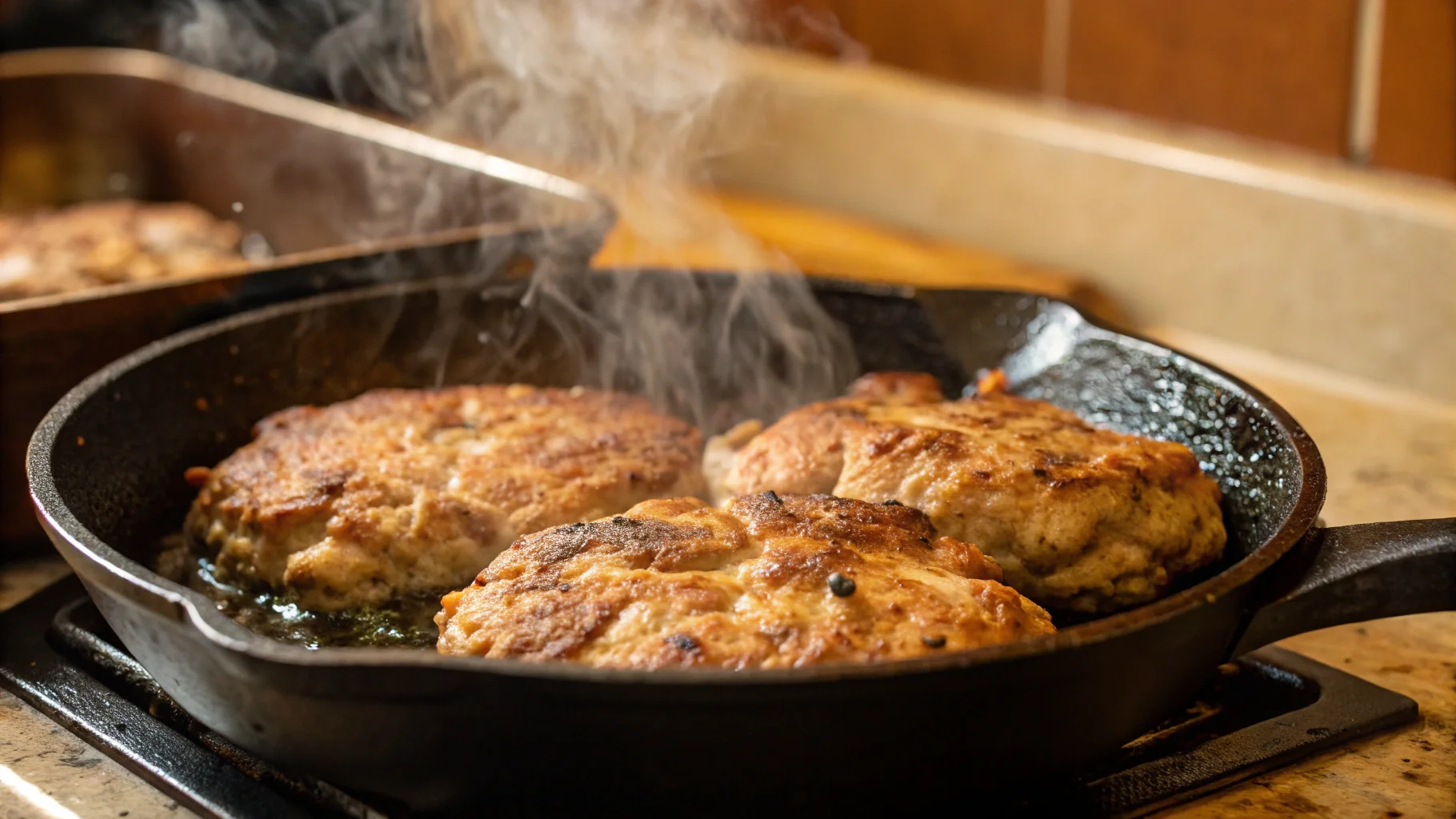 Juicy ground chicken cooking in a cast-iron skillet with steam rising